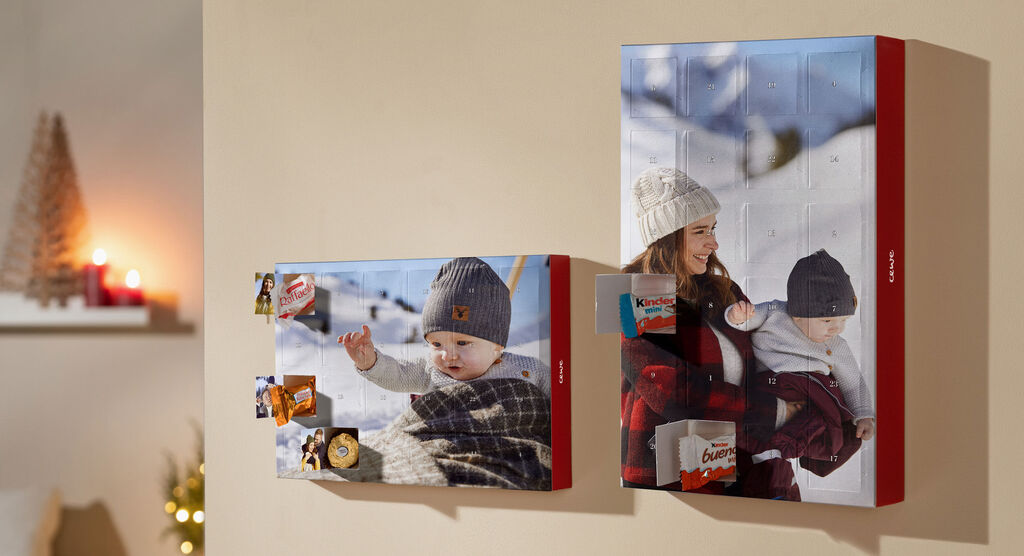 Advent calendar with winter motifs and chocolate