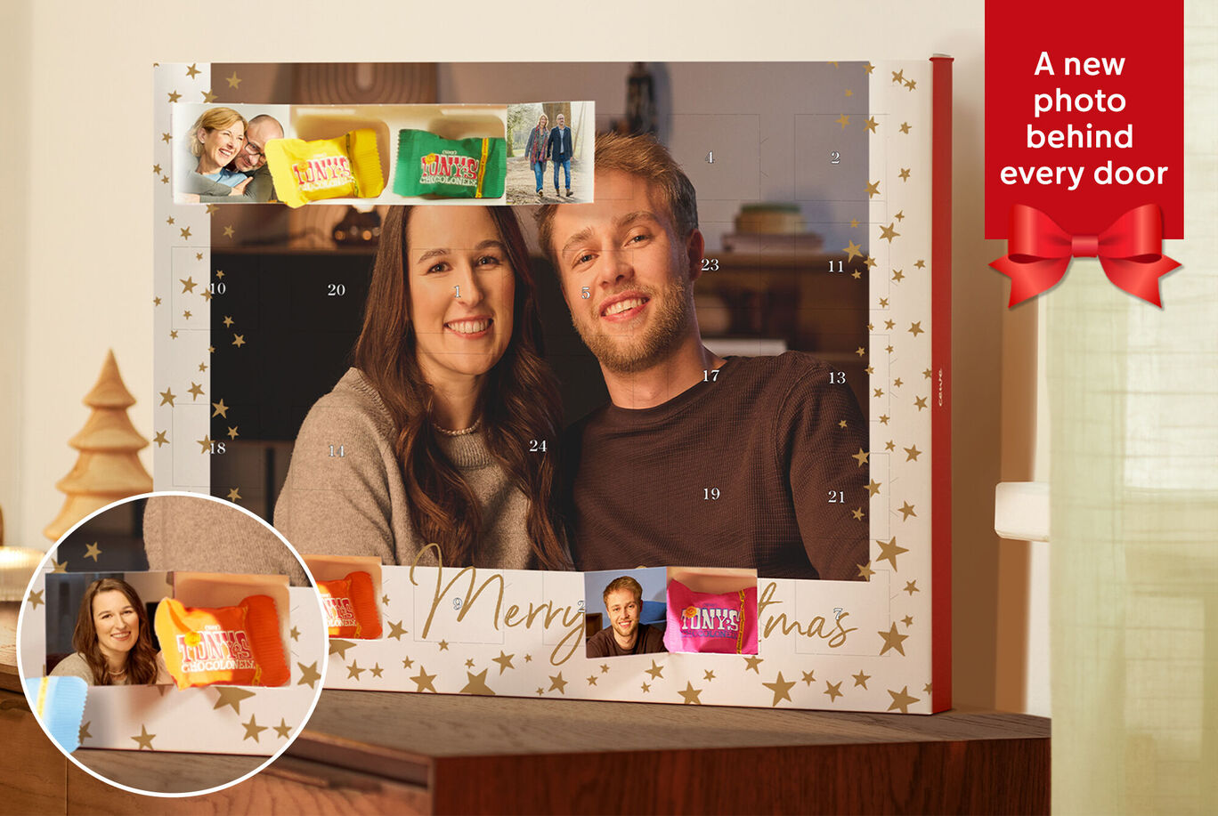Advent calendar filled with many colorful sweets and beautiful decoration