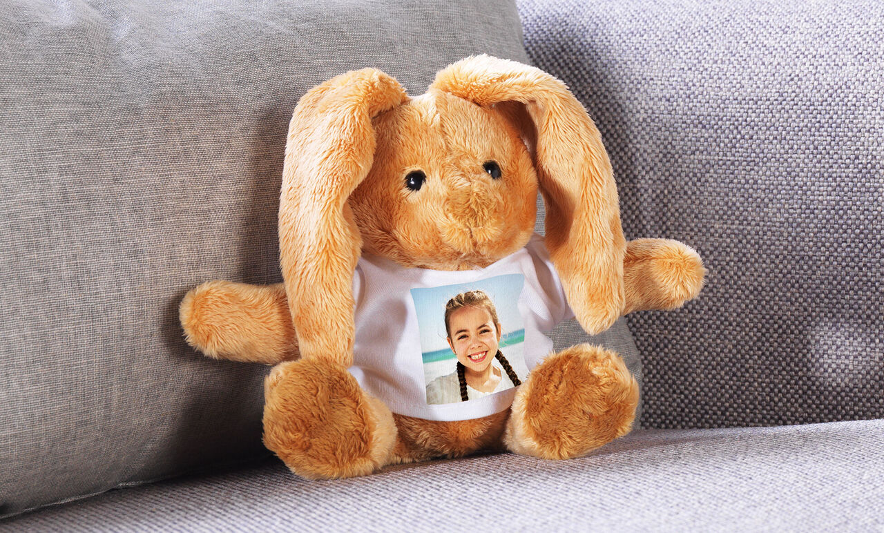 A cute, plush bunny sitting on a couch. It wears a T-shirt with a photo on it.