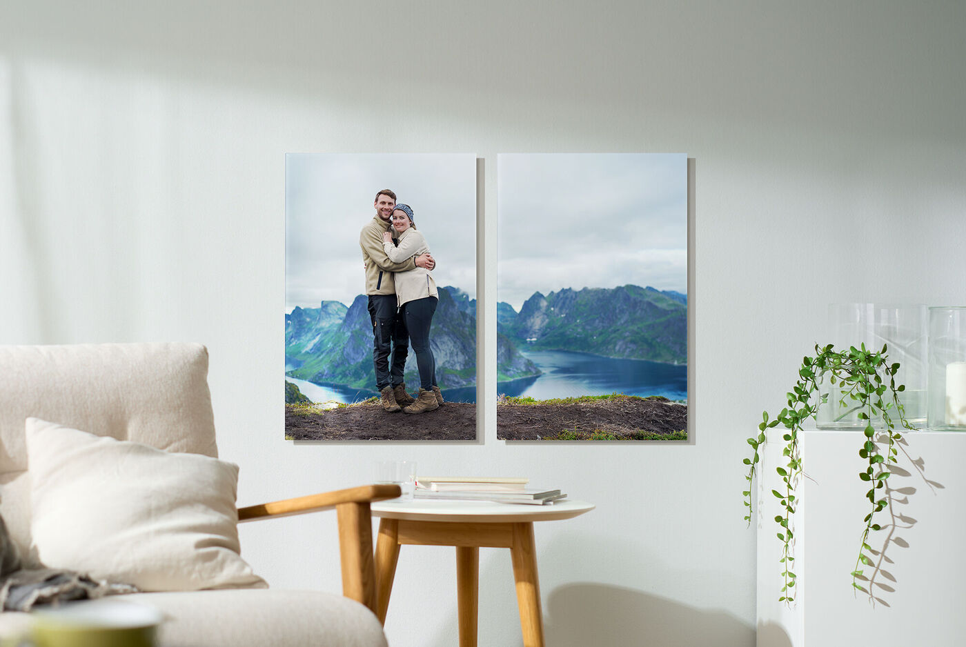 Couple embraces in front of a breathtaking mountain landscape, decorated as a wall picture in two images.
