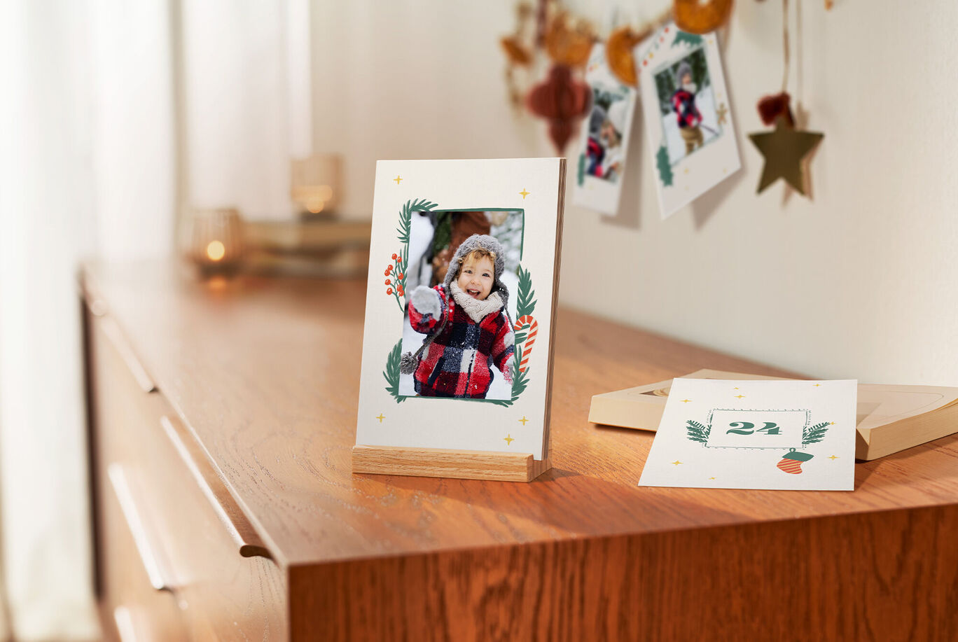 A lovingly designed photo frame with a special photograph, surrounded by festive decorations.