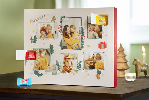 Colorfully designed Advent calendar with personal photos and sweet surprises.