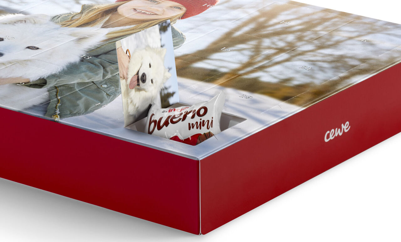A beautiful advent calendar with photos conveying joy and love, a small gift hidden inside.
